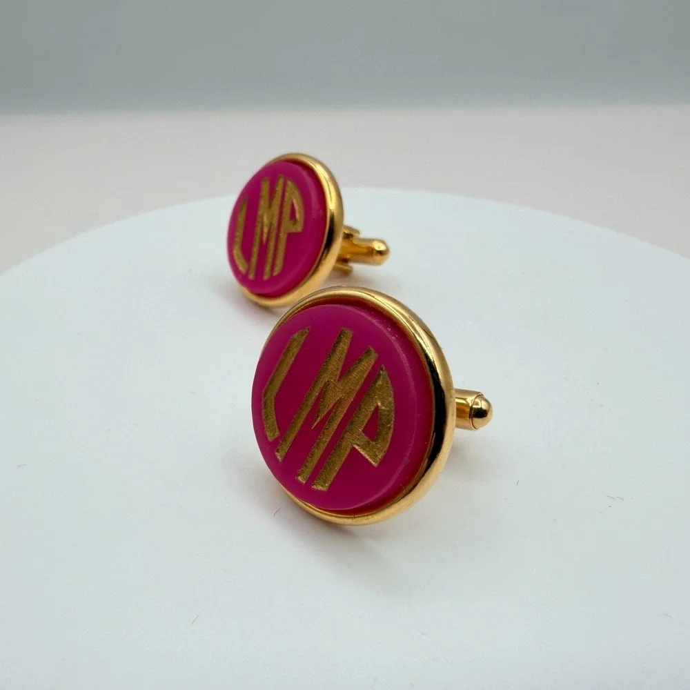 Vintage Y2K Gold Tone Pink Enamel Monogram Cufflinks LMP Initial Men's Jewelry